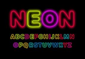 farbige Neonschrift, bunte Umrisse Buchstaben und Zahlen mit neonfarbenem Leuchten auf schwarzem Hintergrund. fluoreszierender Glanzsatz für Unterhaltung, Kino, Kindergeburtstag, Nachtleben. Vektortypografie vektor