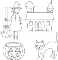 översikt halloween ClipArt uppsättning innehåller en spöke, häxa hatt, katt , måne, hus, grav, och pumpa vektor