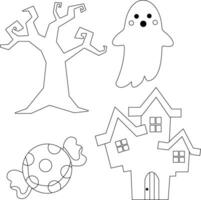 översikt halloween ClipArt uppsättning innehåller en spöke, häxa hatt, katt , måne, hus, grav, och pumpa vektor