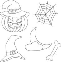 Gliederung Halloween Clip Art einstellen enthält ein Geist, Hexe Hut, Katze , Mond, Haus, Grab, und Kürbis vektor