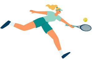 Frau spielen Tennis. Sport Aktivitäten. Mädchen Tennis Spieler schlägt das Ball mit ein Schläger. Vektor eben Illustration