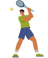 man spelar tennis. sporter aktiviteter. tennis mästerskap och turnering. illustration för hemsida, landning sida, mobil app, affisch och baner. platt vektor illustration