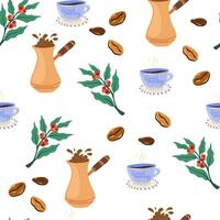 kaffe sömlös mönster. kaffe bär på en gren, Cezve och kopp. eleganta trendig tyg design papper. hand dragen vektor illustration