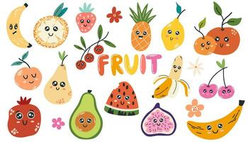 Früchte Zeichen Sammlung. Banane, Birne, Zitrone, orange, Feige, Granatapfel, Avocado, Erdbeere, Pfirsiche, Beeren mit süß Gesichter. Süss Sommer. Vektor Abbildungen zum Kinder.
