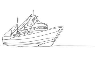 silhuett av fisk fartyg. ett linje kontinuerlig begrepp baner med fisk båt. översikt, linje konst, vektor illustration.