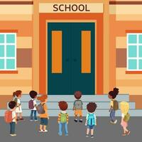 Platz Schule Banner. Kinder gehen zu Schule. Junge und Mädchen zurück Sicht. Platz Gebäude Eingang. Vektor Illustration.