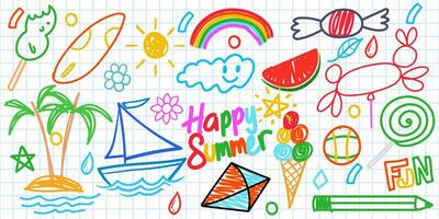 Sommer- komisch Hand gezeichnet Symbole Vektor Satz. Früchte, Eis Sahne usw.