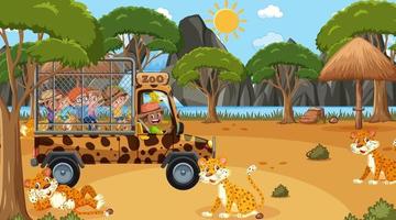 Safari am Tag mit Kindern, die eine Leopardengruppe beobachten vektor