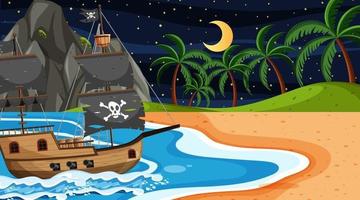 Ozean mit Piratenschiff bei Nachtszene im Karikaturstil vektor