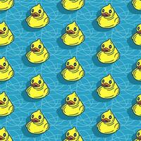 Vektor eben Gelb Bad Ente auf Wasser Muster. Karikatur isoliert Enten auf Blau Hintergrund. modisch Jahrgang Pop Kunst Design. geeignet zum Zuhause Dekoration, Kinder Textil, Verpackung Papier, Scrapbooking