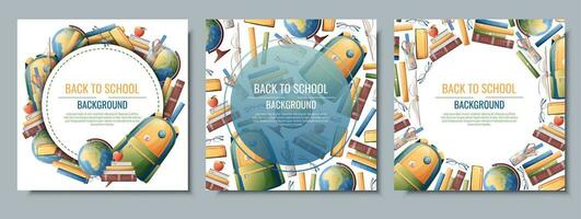 tillbaka till skola ram design. uppsättning av vykort mallar med ryggsäck, böcker, klot. skola, kunskap, utbildningsbakgrund med skola leveranser vektor
