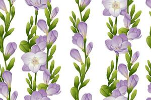 nahtlos Vertikale Muster mit lila Freesie Blumen und Grün Knospen. Hintergrund, Stoff, Verpackung Papier, Scrapbooking Papier vektor