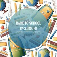 zurück zu Schule Rahmen Design. Poster, Postkarte mit Rucksack, Bücher, Globus. Schule, Wissen, Bildungshintergrund mit Schule liefert vektor
