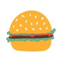 süß lecker groß Hamburger oder Cheeseburger im eben Stil. schnell Essen mit Brötchen, Salat, Rindfleisch, Ketchup und Sesam. amerikanisch ungesund Mahlzeit. Hand gezeichnet Vektor Illustration Clip Art isoliert auf Hintergrund.