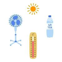 söt, rolig och färgrik sommar uppsättning. klotter samling med vatten, elektrisk fläkt, termometer, Sol. hand dragen vektor illustrationer isolerat på de bakgrund med översikt.