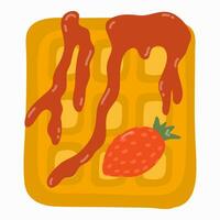 bakad belgisk våffla med sylt och färsk jordgubbe. traditionell ljuv frukost med säsong- frukt. friska mat för frukost. vektor ClipArt illustration i trendig naiv stil. Kafé meny.