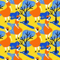 sömlös mönster med abstrakt flickor med hattar i orange klänningar gående i en parkera var träd växa. sömlös vektor med människor och växter för textil- eller objekt grafik