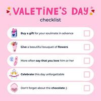 Valentinstag Tag Checkliste Über Liebe, Romantik, Urlaub mit süß Hand gezeichnet Illustrationen. Erinnerung von Was zu tun beim das 14 von Februar zum geliebt Person. Checkliste ist perfekt zum Planer, Notizbücher. vektor