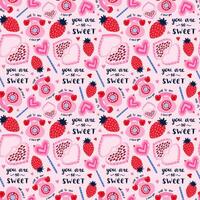 vektor sömlös hand dragen mönster med jordgubbe, klubba, jordgubbe, text, hjärta formad låda av choklad. hjärtans dag illustrationer. för omslag papper, sängkläder, anteckningsbok, paket