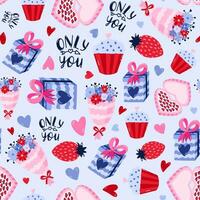söt vektor sömlös hand dragen mönster med hjärta formad låda av choklad, cupcake, jordgubb och gåva rosett. hjärtans dag illustrationer. för omslag papper, sängkläder, anteckningsbok, paket.
