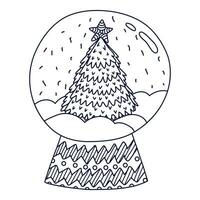 söt hand dragen snö klot med jul träd med stjärna ovan den och snöflingor. vektor klotter isolerat på bakgrund. glas sfär boll. begrepp av jul, vintertid, Semester. ny år dekor.
