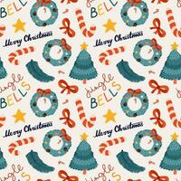 söt jul sömlös mönster med vektor hand dragen illustrationer av jul träd, godis sockerrör, gran krans, gran brunch, text. för omslag papper, sängkläder, anteckningsbok, paket.