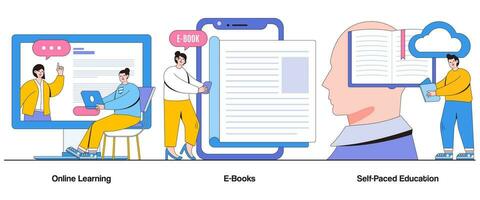 online Lernen, E-Books, im eigenen Tempo Bildung Konzept mit Charakter. Digital Wissen abstrakt Vektor Illustration Satz. kontinuierlich Lernen, persönlich Wachstum, Zugriff zu Information Metapher