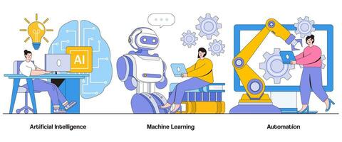 künstlich Intelligenz, Maschine Lernen, Automatisierung Konzept mit Charakter. Clever Technologie abstrakt Vektor Illustration Satz. Effizienz, Innovation, Intelligenz Metapher