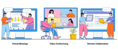 virtuell Sitzungen, Video Konferenzen, Fernbedienung Zusammenarbeit Konzept mit Charakter. Digital Kommunikation abstrakt Vektor Illustration Satz. Konnektivität, Effizienz, virtuell Zusammenarbeit Metapher