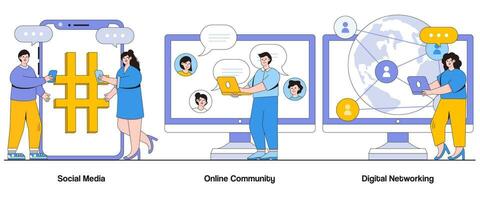 Sozial Medien, online Gemeinschaft, Digital Vernetzung Konzept mit Charakter. Digital Verbindungen abstrakt Vektor Illustration Satz. Engagement, beeinflussen, virtuell Beziehungen Metapher