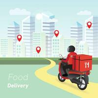 mat leverans arbetstagare är leverera mat till kunder i de stad på en motorcykel med en sluten mat låda behållare. vektor