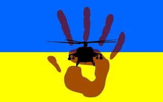 Militär- Hubschrauber und Blut auf ukrainisch Flagge, halt Krieg im Ukraine vektor