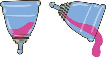 menstruations- kopp använda sig av, feminin period hygien produkt. tömma och full kopp teckning med livmoder och cervix diagram. hand dragen tecknad serie stil vektor illustration.