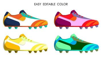 Färg klassisk fotboll, fotboll känga, spiked gymnastiksko i tecknad serie stil. isolerat vektor på vit bakgrund