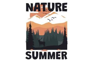 t-shirt natur sommar landskap rådjur handritad vintage stil vektor