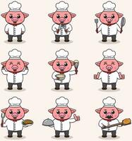 Vektor Illustration von süß Schwein tragen Koch Uniform. eben Karikatur Stil. einstellen von süß Tier Zeichen im Koch Uniform. Vektor Illustration im isoliert Hintergrund