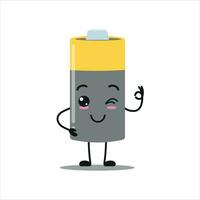 süß glücklich Batterie Charakter. komisch lächelnd und blinken Array Karikatur Emoticon im eben Stil. Leistung Einheit Emoji Vektor Illustration