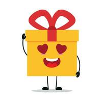 süß glücklich Geschenk Box Charakter. komisch fallen im Liebe Geschenk Box Karikatur Emoticon im eben Stil. Geschenk Emoji Vektor Illustration