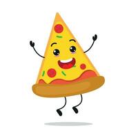 süß glücklich Pizza Charakter. komisch springen Kuchen Karikatur Emoticon im eben Stil. Essen Emoji Vektor Illustration