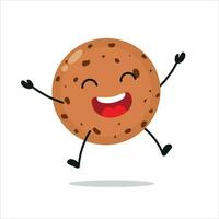 söt Lycklig kaka karaktär. rolig seger hoppa firande kex tecknad serie uttryckssymbol i platt stil. bageri emoji vektor illustration
