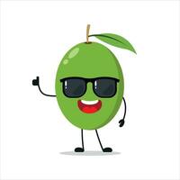 süß glücklich Olive Charakter tragen Sonnenbrille. komisch Olive grüßen Freund Karikatur Emoticon im eben Stil. Obst Emoji Vektor Illustration