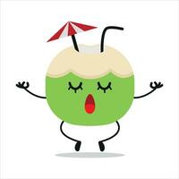 süß entspannen Scheibe Kokosnuss Charakter. komisch Yoga Kokosnuss Karikatur Emoticon im eben Stil. Obst Emoji Meditation Vektor Illustration