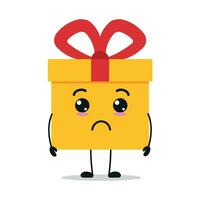 süß traurig Geschenk Box Charakter. komisch unzufrieden Geschenk Box Karikatur Emoticon im eben Stil. Geschenk Emoji Vektor Illustration