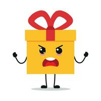 süß wütend Geschenk Box Charakter. komisch wütend Geschenk Box Karikatur Emoticon im eben Stil. Geschenk Emoji Vektor Illustration