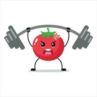 süß und komisch Tomate tun Gewichtheben. Gemüse tun Fitness oder Sport Übungen. glücklich Charakter Arbeiten aus Vektor Illustration.
