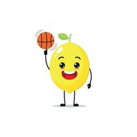 süß und komisch Zitrone abspielen Basketball. Obst tun Fitness oder Sport Übungen. glücklich Charakter Arbeiten aus Vektor Illustration.