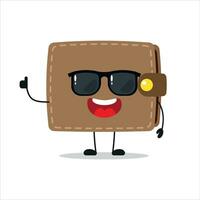 süß glücklich Brieftasche Charakter tragen Sonnenbrille. komisch Geldbörse grüßen Freund Karikatur Emoticon im eben Stil. finanziell Emoji Vektor Illustration