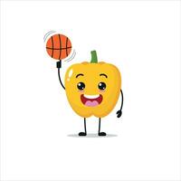 süß und komisch Gelb Paprika abspielen Basketball. Gemüse tun Fitness oder Sport Übungen. glücklich Charakter Arbeiten aus Vektor Illustration.