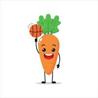 söt och rolig morot spela basketboll. vegetabiliska håller på med kondition eller sporter övningar. Lycklig karaktär arbetssätt ut vektor illustration.