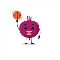 söt och rolig beta spela basketboll. vegetabiliska håller på med kondition eller sporter övningar. Lycklig karaktär arbetssätt ut vektor illustration.
